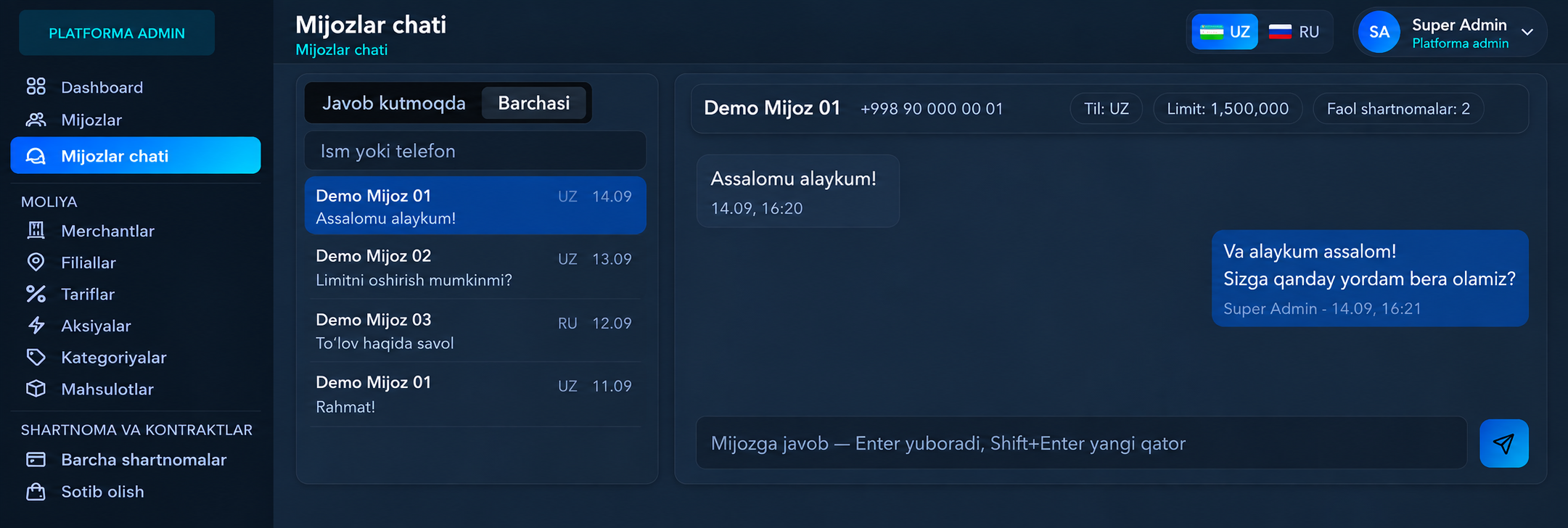 Mijozlar chati demo ko‘rinishi